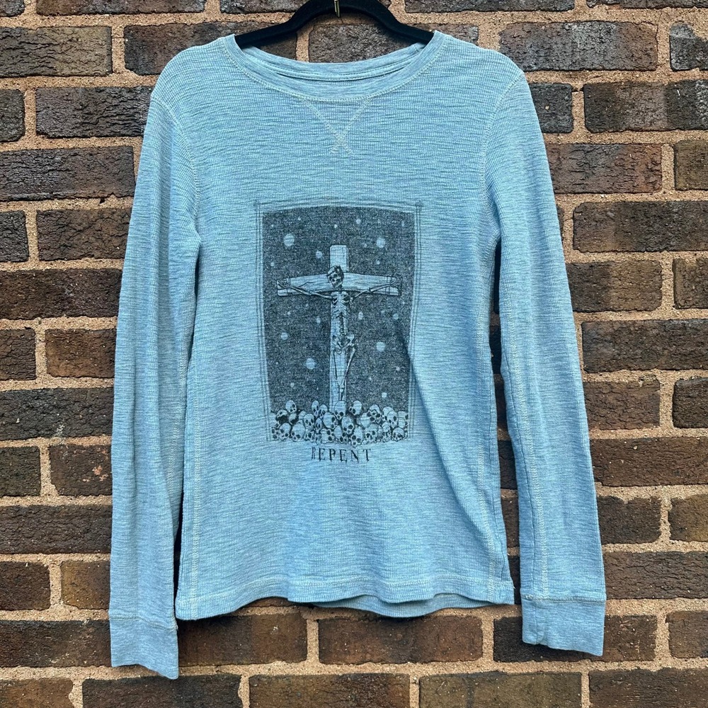 Arizona Jean Co Repent Skeleton Skull Thermal Long Sleeve Small Shirt Gray Goth